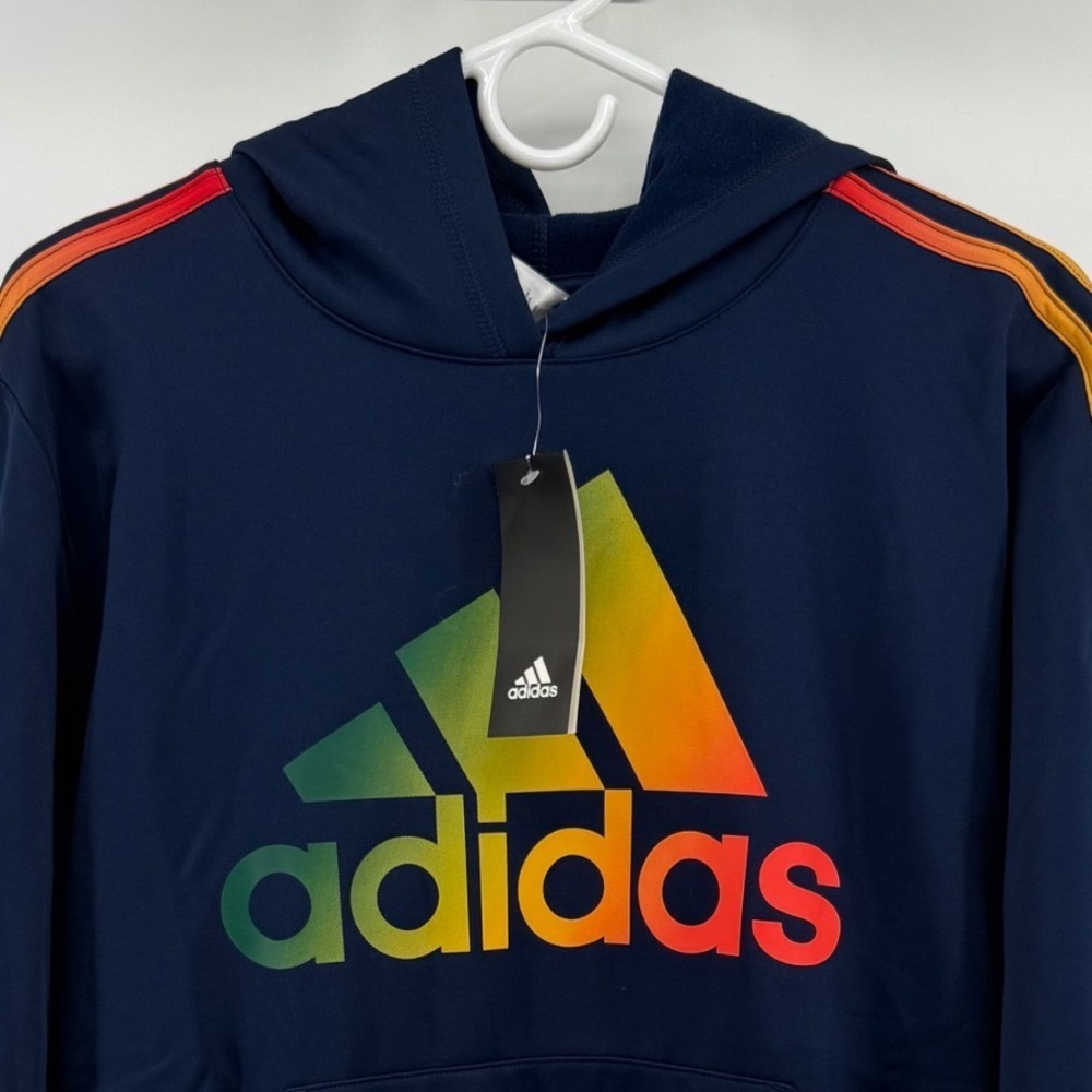 Adidas Boys Navy Rainbow Gradient Logo Hoodie Sweatshirt SZ L 14/16 AA0407 NWT